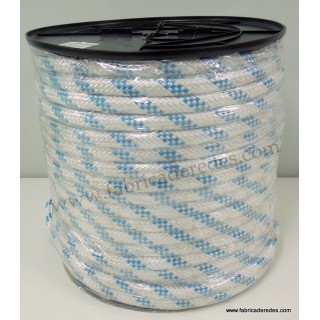 Cabo nylon trenzado 14mm x 100mts blanco pintas azules