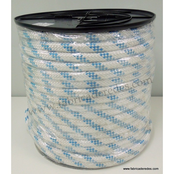 Cabo nylon trenzado 14mm x 100mts blanco pintas azules