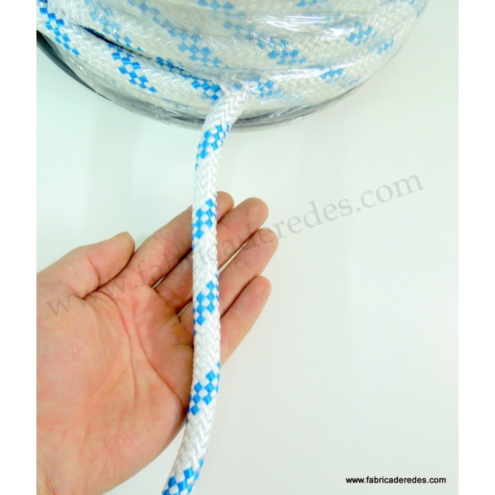 Cabo nylon trenzado 14mm x 100mts blanco pintas azules