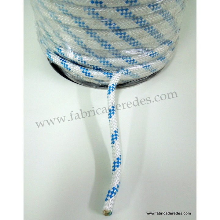 Cabo nylon trenzado 14mm x 100mts blanco pintas azules