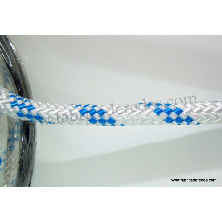Cabo nylon trenzado 14mm x 100mts blanco pintas azules