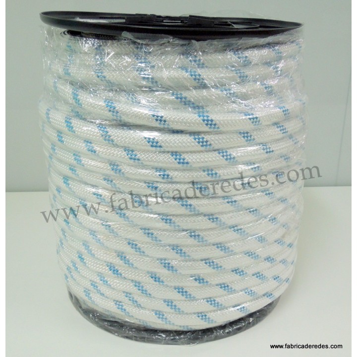 Cabo nylon trenzado 16mm x 100mts blanco pintas azules