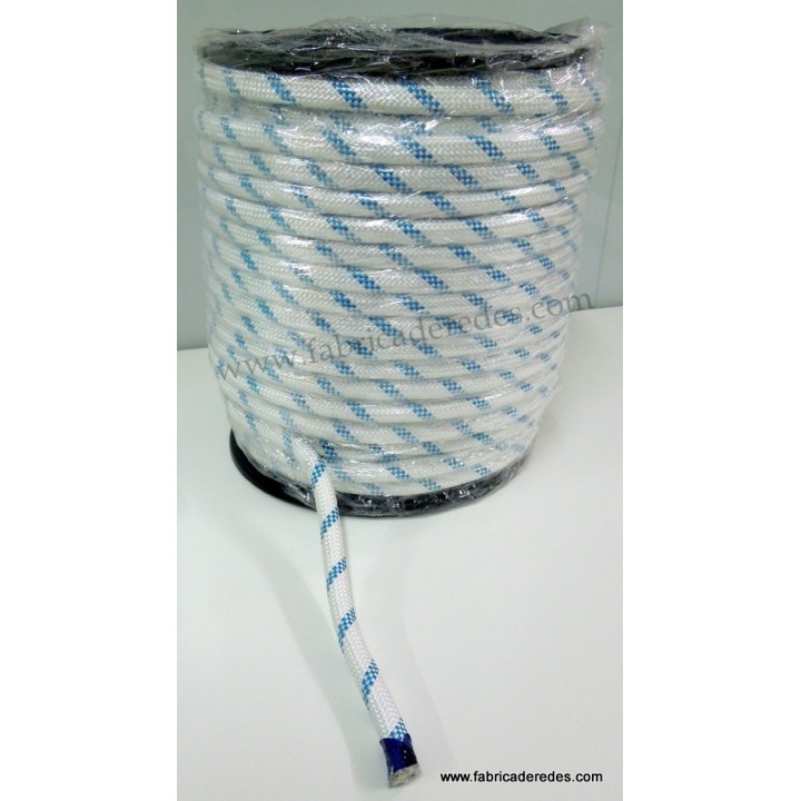 Cabo nylon trenzado 16mm x 100mts blanco pintas azules