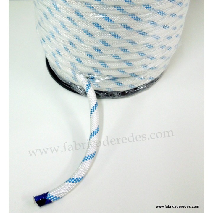 Cabo nylon trenzado 16mm x 100mts blanco pintas azules