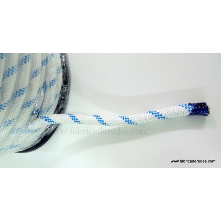 Cabo nylon trenzado 16mm x 100mts blanco pintas azules
