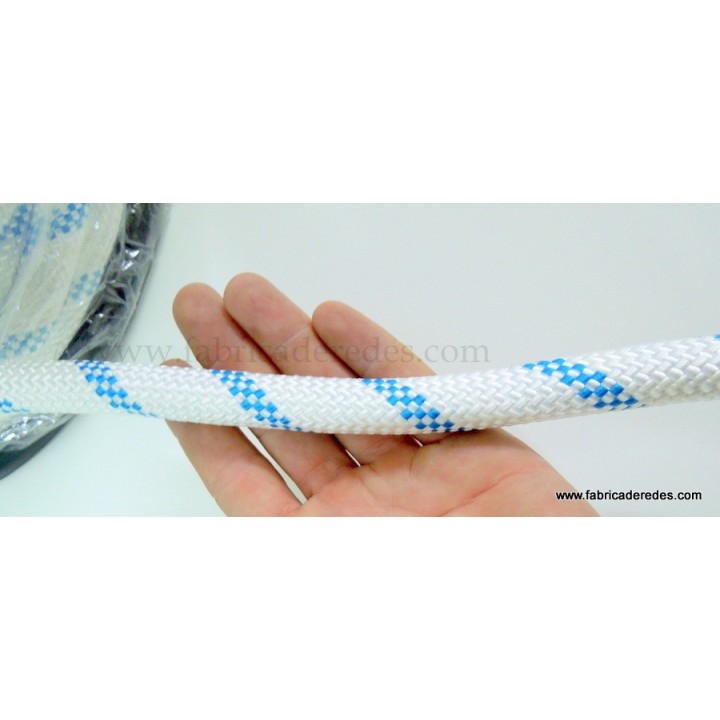 Cabo nylon trenzado 16mm x 100mts blanco pintas azules