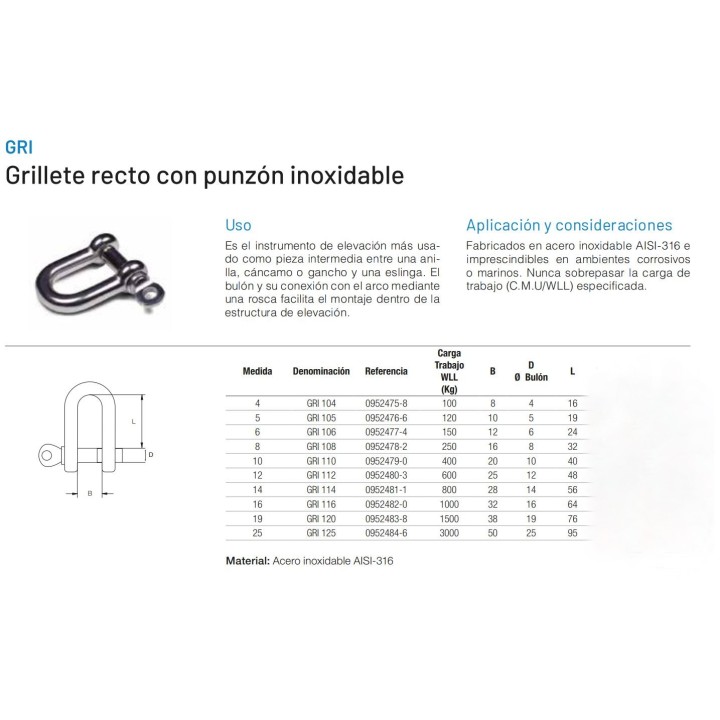 Grillete recto con punzón inoxidable
