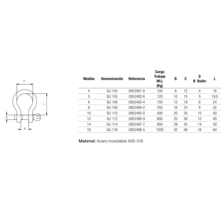 Grillete lira con punzón inoxidable 316 AISI