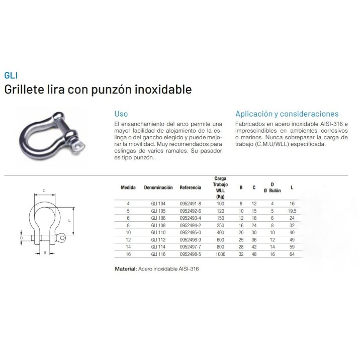 Grillete lira con punzón inoxidable 316 AISI