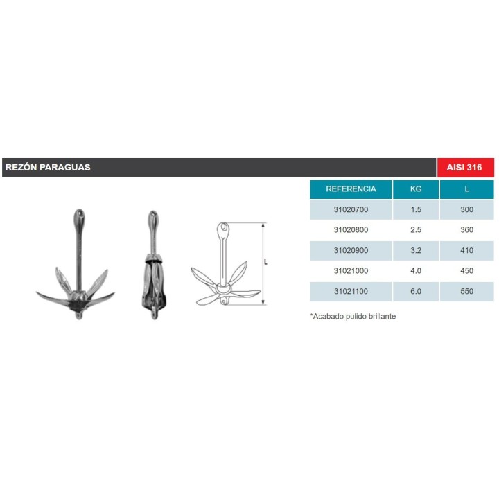 Rezón plegable paraguas INOXIDABLE 316 AISI