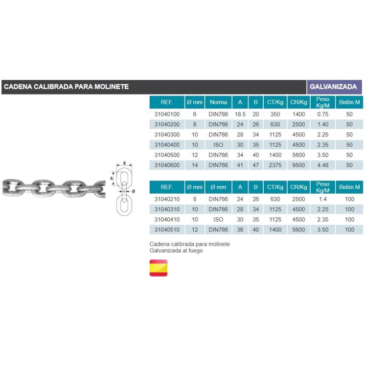Cadena galvanizada calibrada para molinete