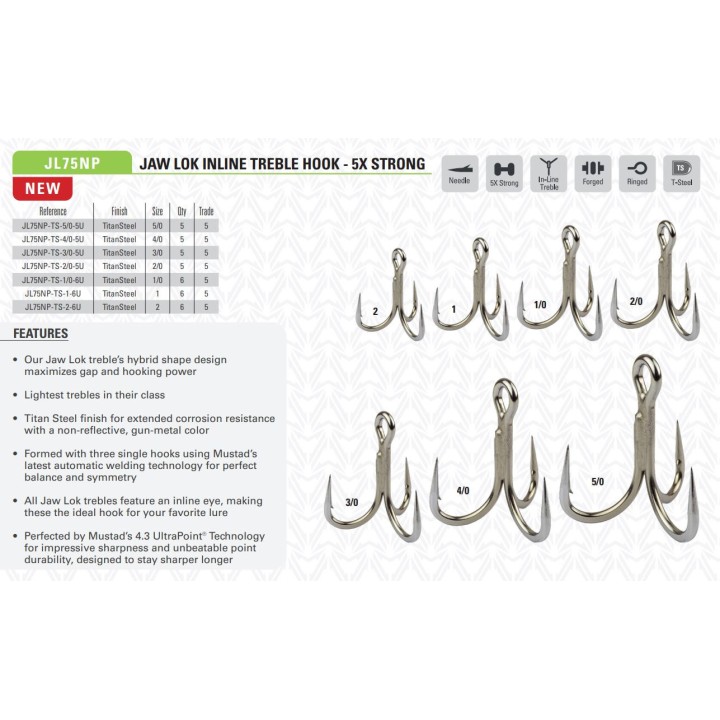 Mustad Reinforced Treble Hooks 5x JL75NP