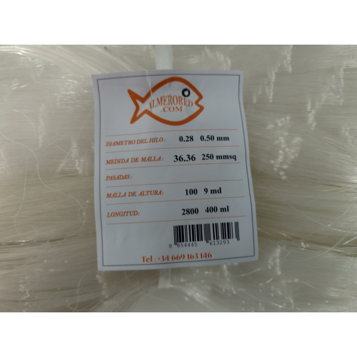 Rede pré-montada: 0.28mm x 36.36mm x 100md + trammel 0.50mm x 250mmsq x 9md x 200m