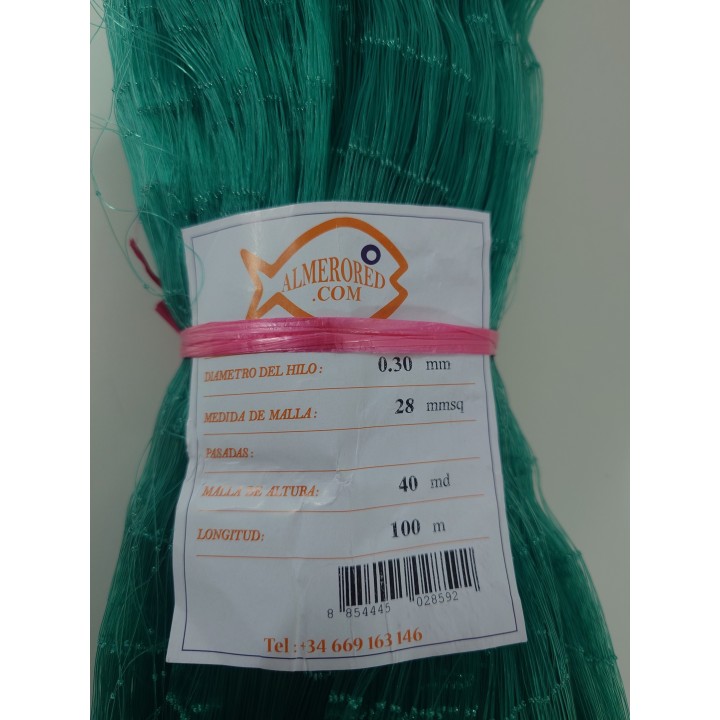 Monofilament Net 0.30mm x 28mmsq x 40md x 100mts - Green