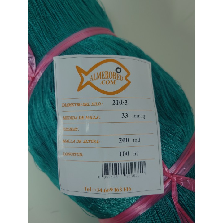 Réseau nylon double noeud 210/3 x 33mmsq x 200 Maillots (13.20m) x 100m - Vert