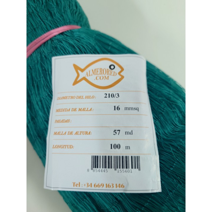 Réseau nylon double nœud 210/3 x 16mmsq x 57 Maillons (1,82m) x 100m - Vert