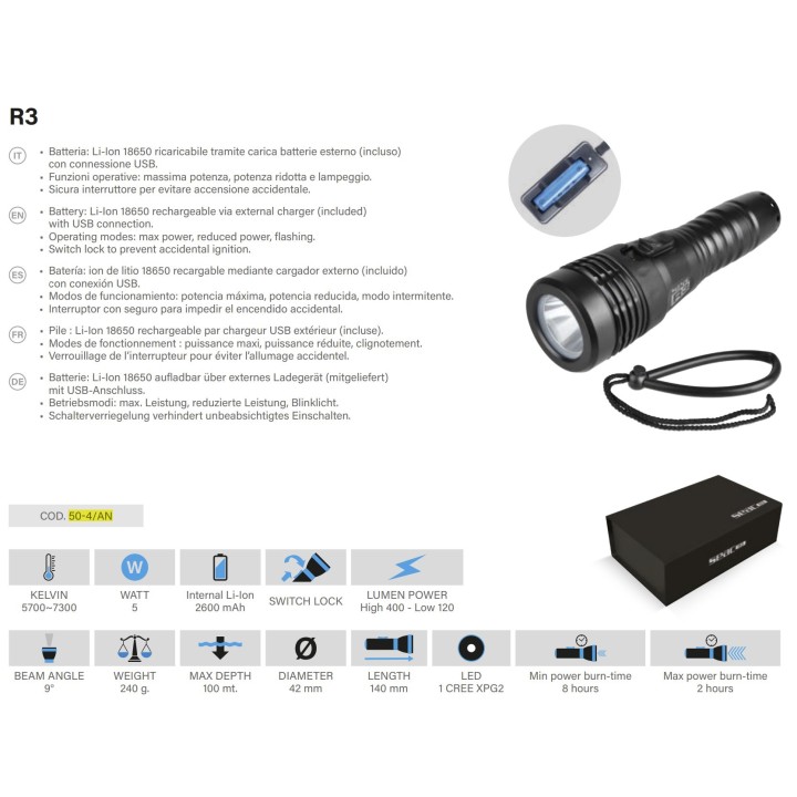 Linterna submarina Seac Sub R3 - 400 lúmenes, compacta y versátil