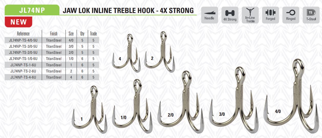Mustad 5X Strong JAW-LOK In-line Treble Fishing Hook (Size: 4/0)