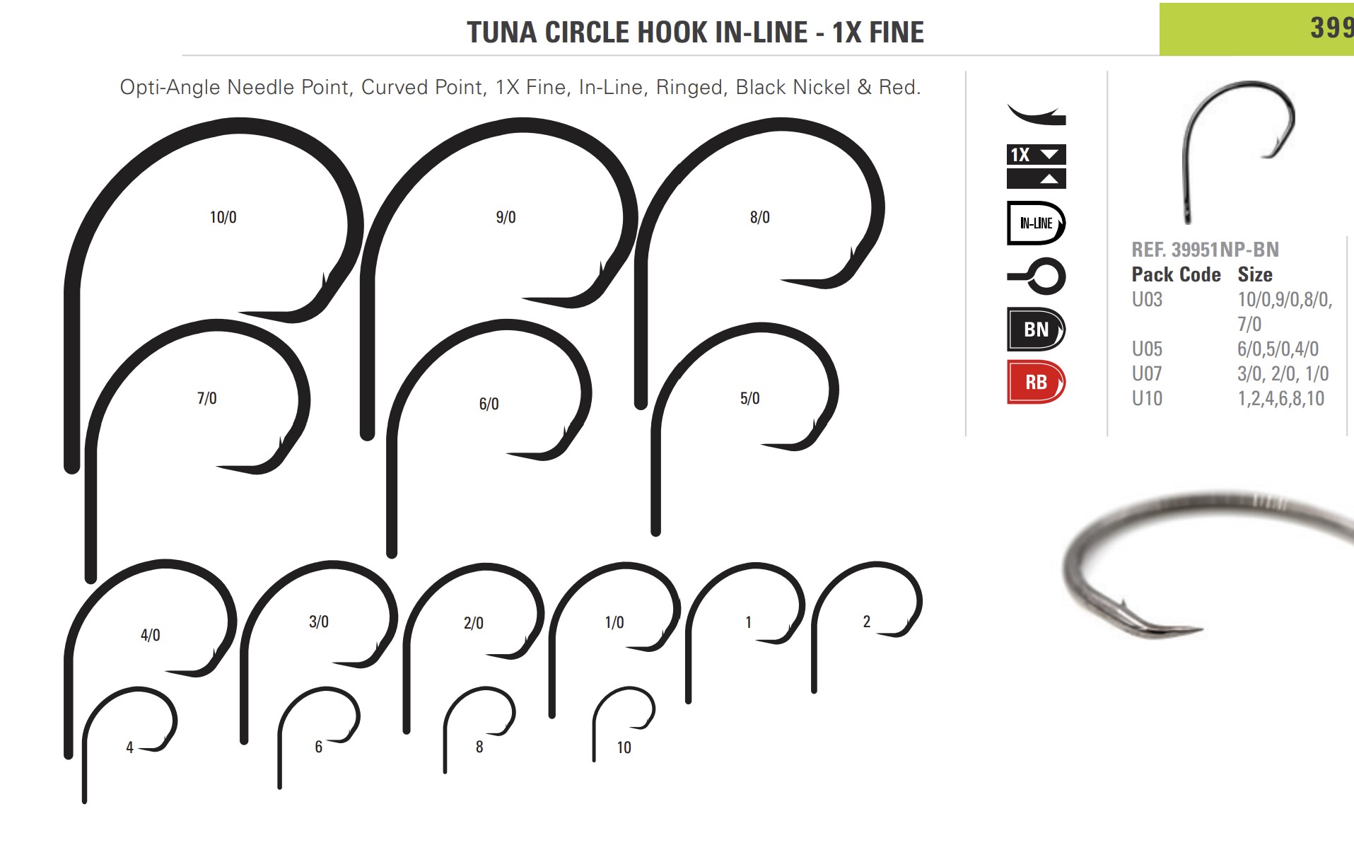Mustad Demon Circle in Line Wide Gap 1X Fine Wire Hook (100 Pack